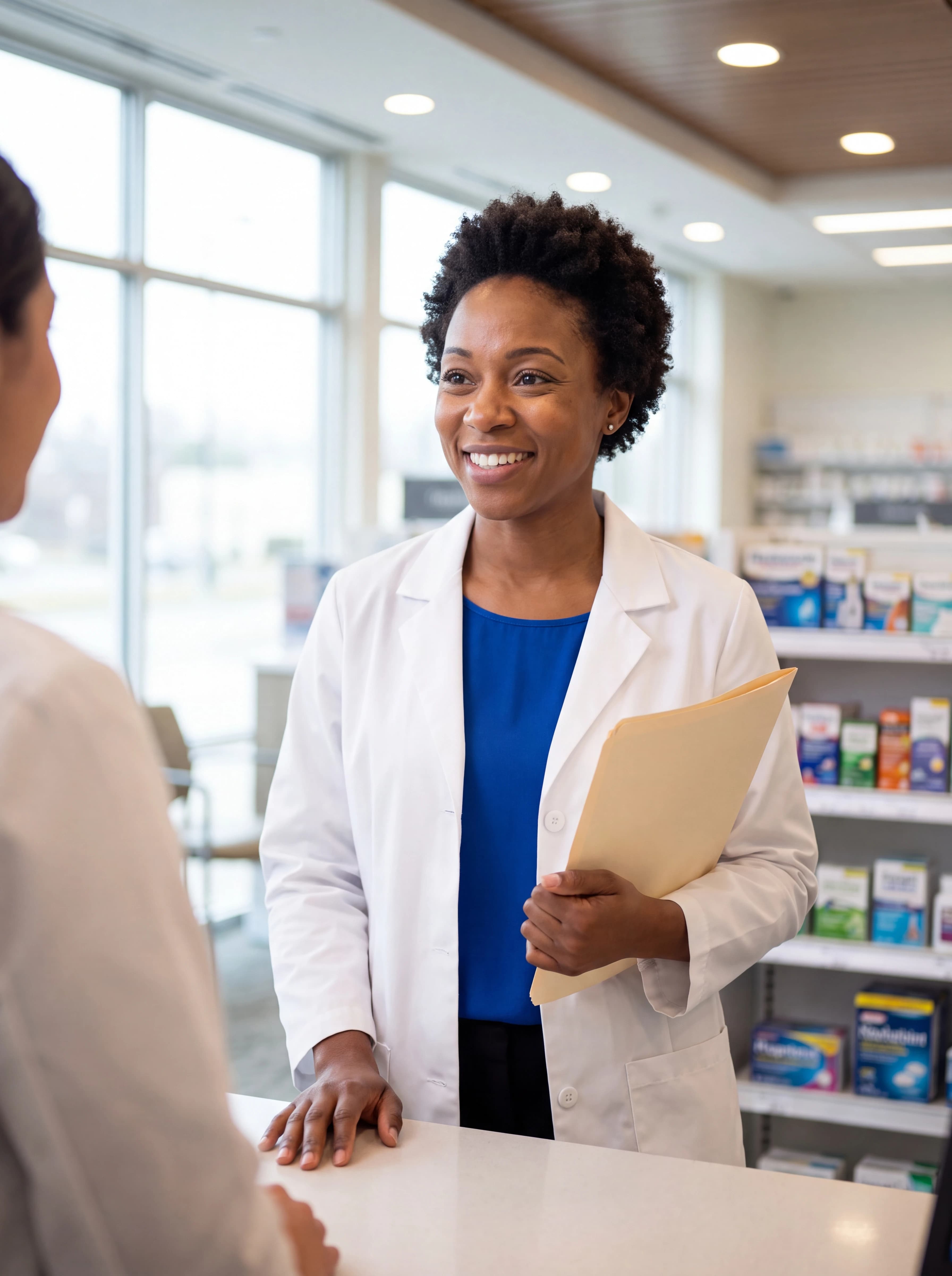 A pharmacist speaking with a colleague at the pharmacy