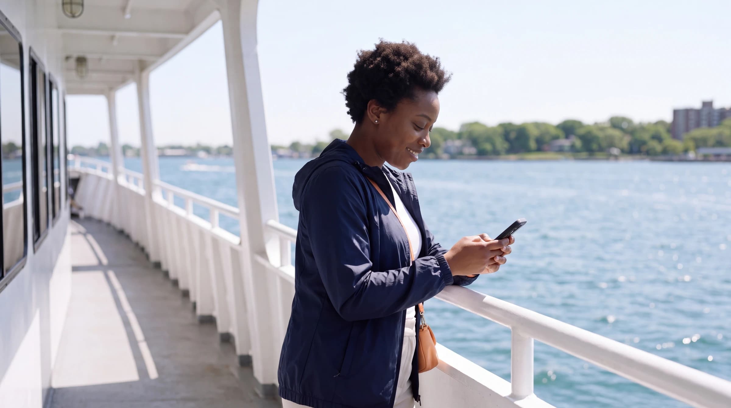 A woman checking her phone on a sunlit ferry crossing