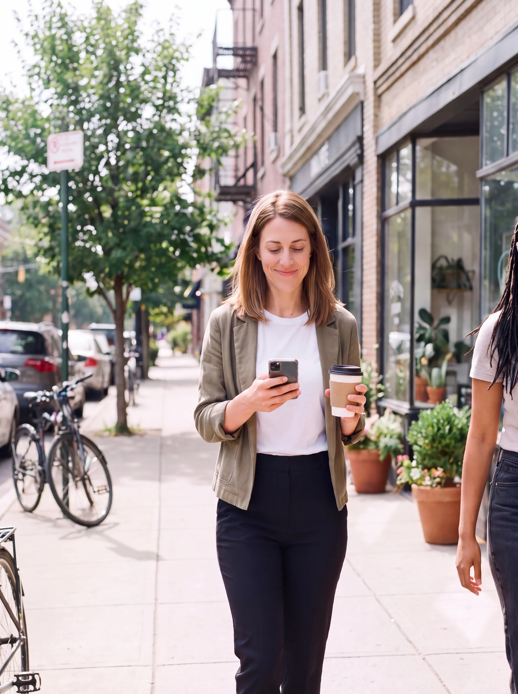 A woman walking along a sunny café-lined street with a coffee and her phone