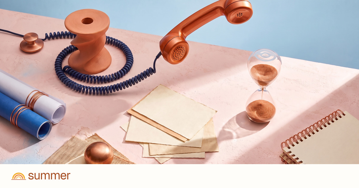 Copper telephone, coiled cord and callback slips beside an hourglass, illustrating pharmacy phone tag.