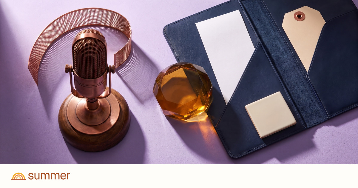 A copper microphone beside an organized case file, contrasting voice interaction with complete support work.