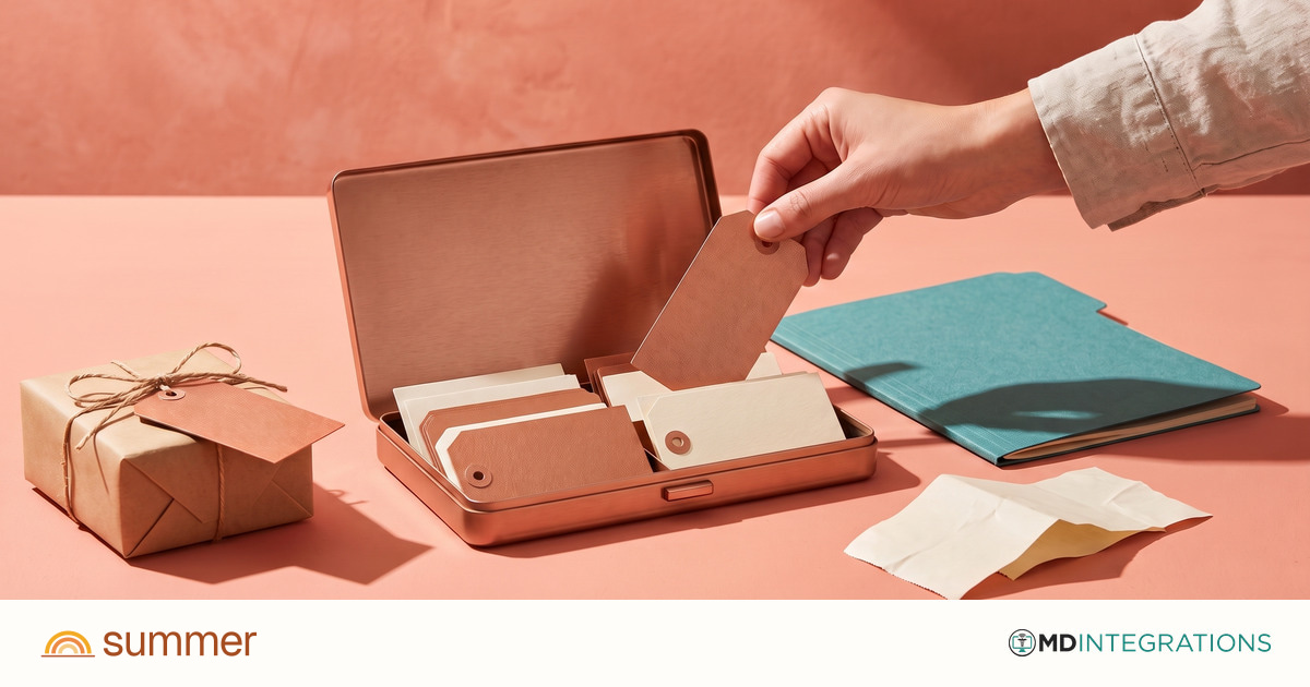 A hand matches an order tag with records, receipt and parcel, with Summer and MD Integrations logos.