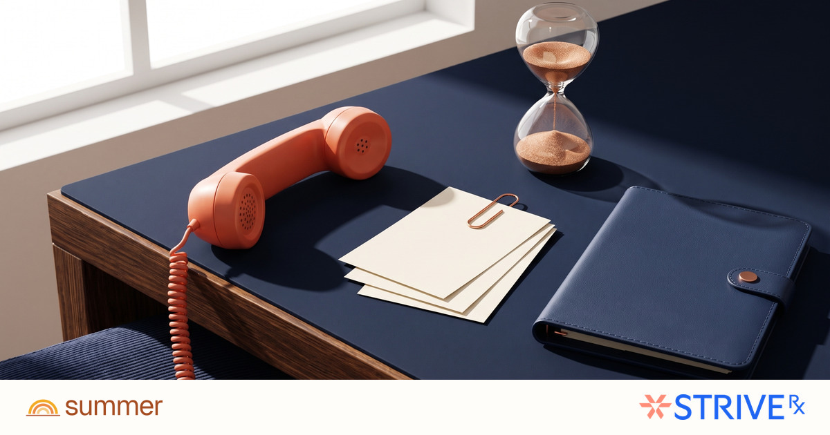 A phone, callback slips and closed case folder illustrate pharmacy follow-through, with Summer and Strive logos.
