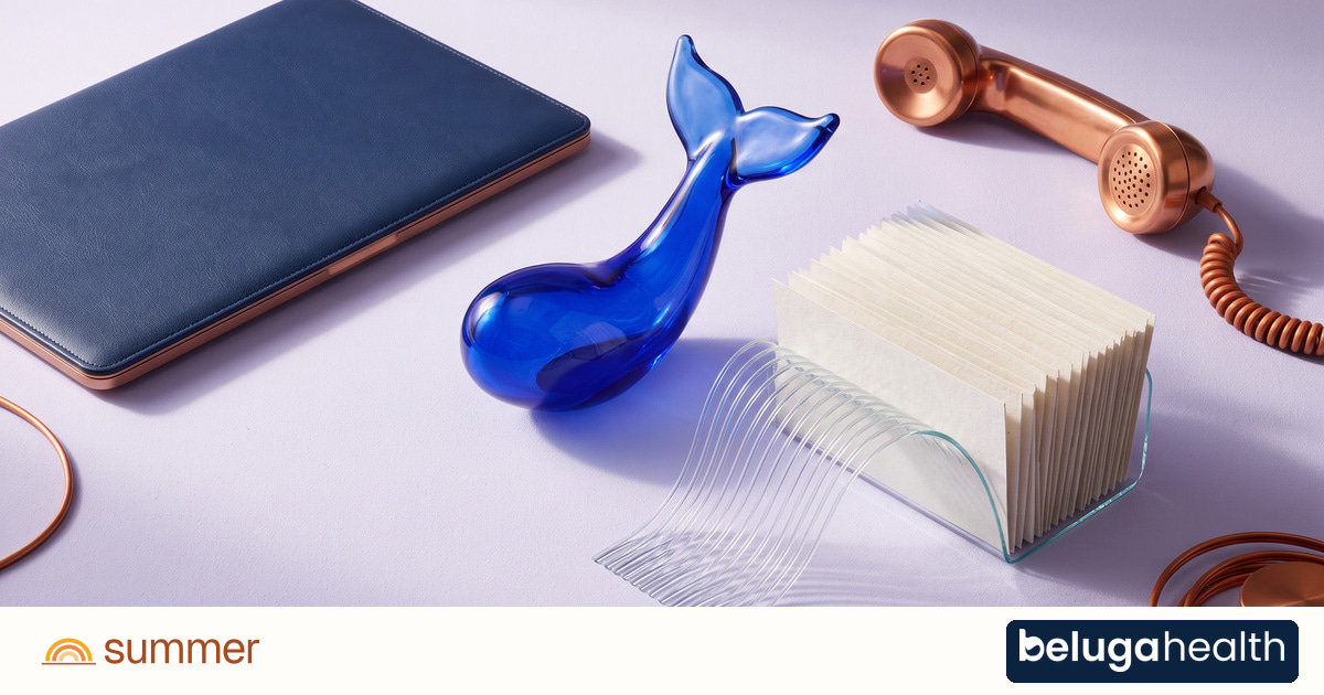 A cobalt glass sculpture, copper phone and gathered message slips, with Summer and Beluga Health logos.