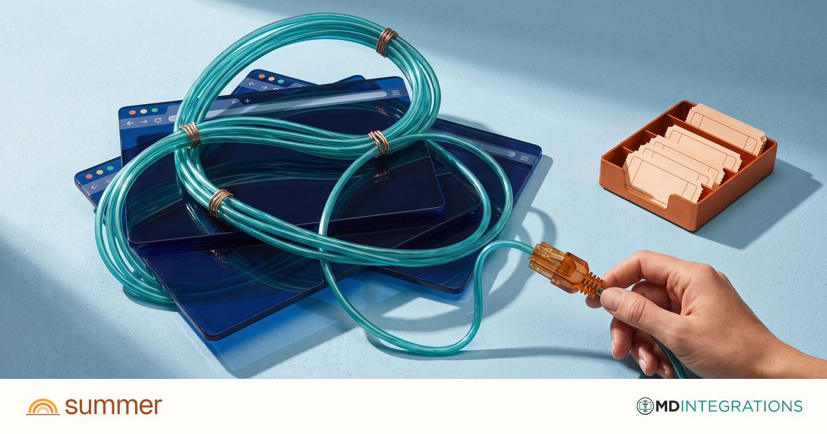 Teal cables untangle from navy browser windows toward an organized tray, with Summer and MD Integrations logos.