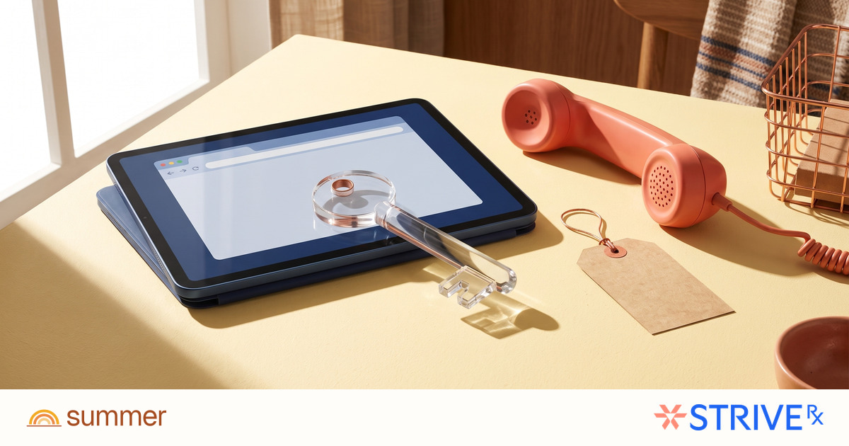 A glass key, browser frame, phone and parcel tag illustrate authorized pharmacy access, with Summer and Strive logos.