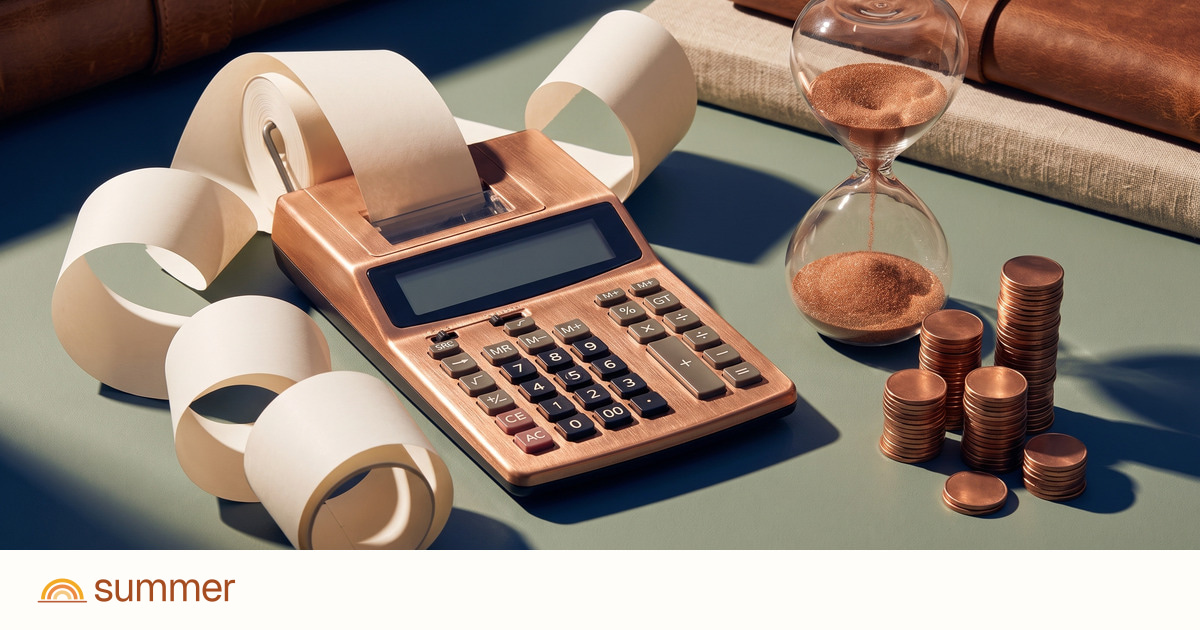 Receipt paper, calculator, coins and hourglass illustrate the full cost of operating AI support.